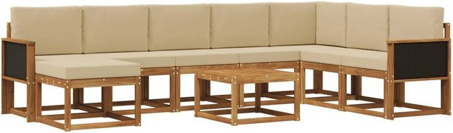 vidaXL Outdoor-Sofagarnitur aus Massivholz Akazie in Natur und Beige, 9-teiliges L-Shape Set mit Kissen - Bild 1