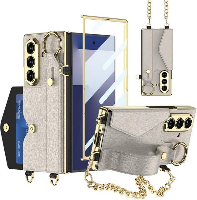 Samsung Galaxy Z Fold7 und Z Fold 6 Schutzhülle mit Leder-Kartensteckplatz und Gold-Armband in Grau - Bild 1