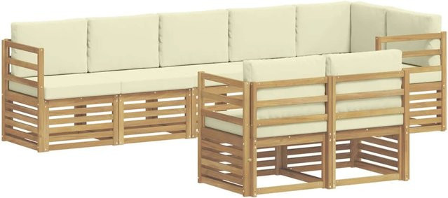 vidaXL Sofagarnitur in L-Form aus Massivholz Akazie in Weiß und Beige mit 8 Teilen und Kissen - Bild 1