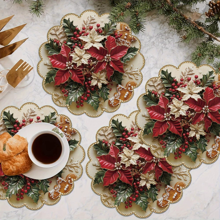 VIKAMA 4-teiliges Weihnachtsset aus Leinen mit floralem Design in Rot und Weiß für den Tisch - Bild 2