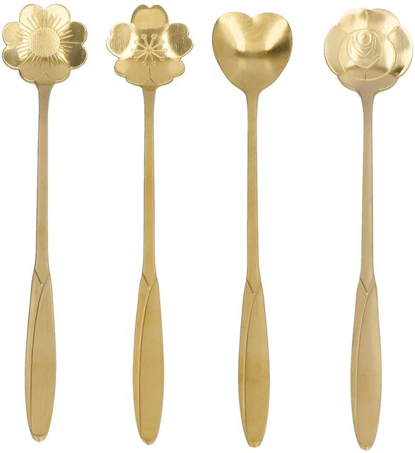 4er Set Fishine Dessertlöffel aus Edelstahl in Gold mit Blumen- und Herzdesign, mattiert - Bild 1