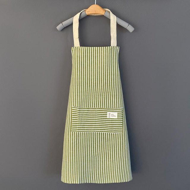 Yiran Furniture Hanfschürze aus gestreifter Baumwolle in Grün, 2er-Set Latzschürzen mit großer Tasche für Haushalt, Kochen und Backen - Bild 1
