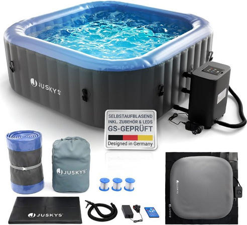 Juskys Whirlpool SpaLuxe aufblasbar mit LED, 130 Sprudeldüsen und 2400W Heizung, 910 l, Grau/Blau