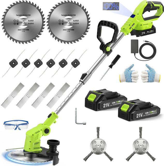 VOERJIA Akku-Rasentrimmer 21V mit 850W, 24000 U/min, LCD-Batterieanzeige und 2x 2,0Ah Akkus in Grün - Bild 1