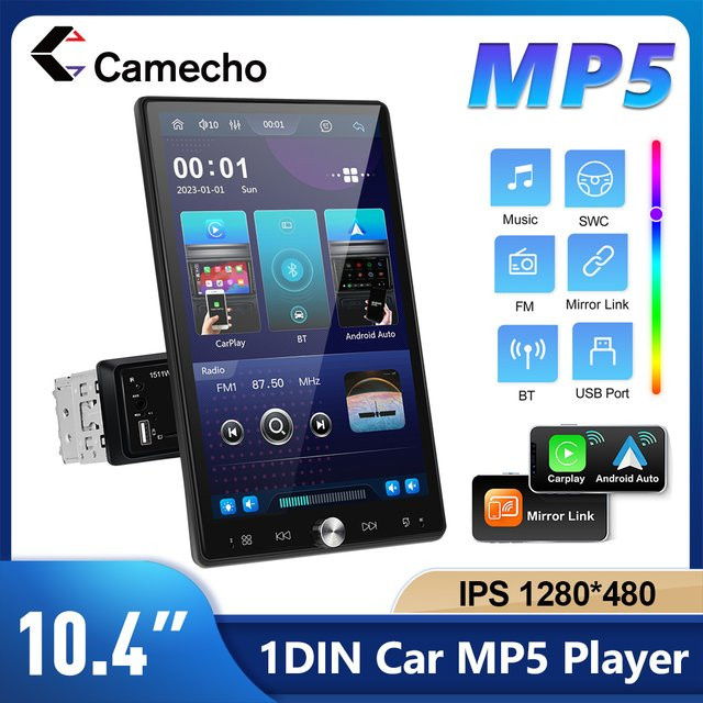 Camecho 1 Din Autoradio mit 10,4 Zoll Drehbildschirm, Drahtloses Carplay, Android Auto, Bluetooth und USB Multimedia Player in Schwarz - Bild 1