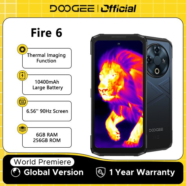 DOOGEE Fire 6 Robustes Smartphone in Schwarz mit 6,56 Zoll 90 Hz Display, 6 GB RAM, 256 GB ROM, 50 MP AI Hauptkamera und 10400 mAh Akku, Android 14 - Bild 1