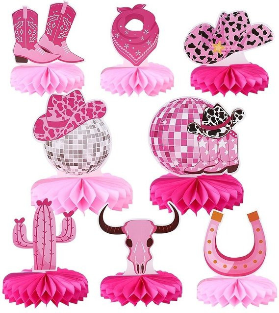 OURFETE Cowgirl Waben-Tischdekoration in Pink mit Cowboystiefeln, Discokugel und Kaktus für deine Western Party - Bild 1