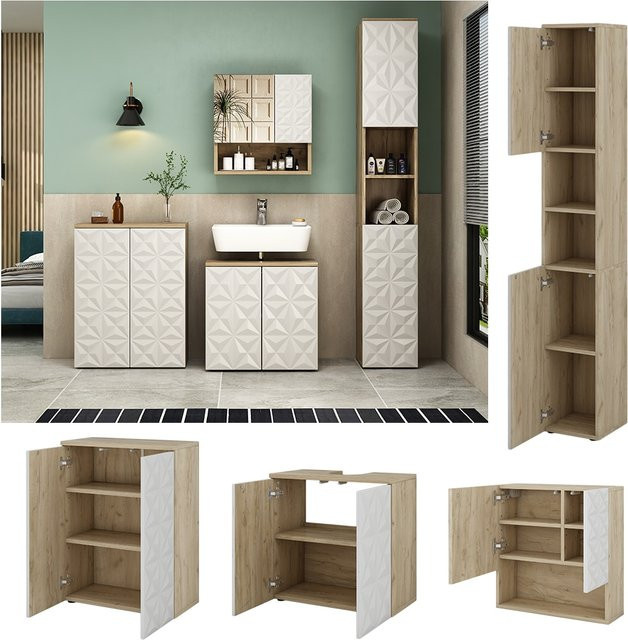 Vicco Badmöbel-Set Edge in Weiß und Eiche bestehend aus 4 Teilen inklusive Spiegelschrank, Hochschrank, Waschbeckenunterschrank und Badezimmerkommode - Bild 1