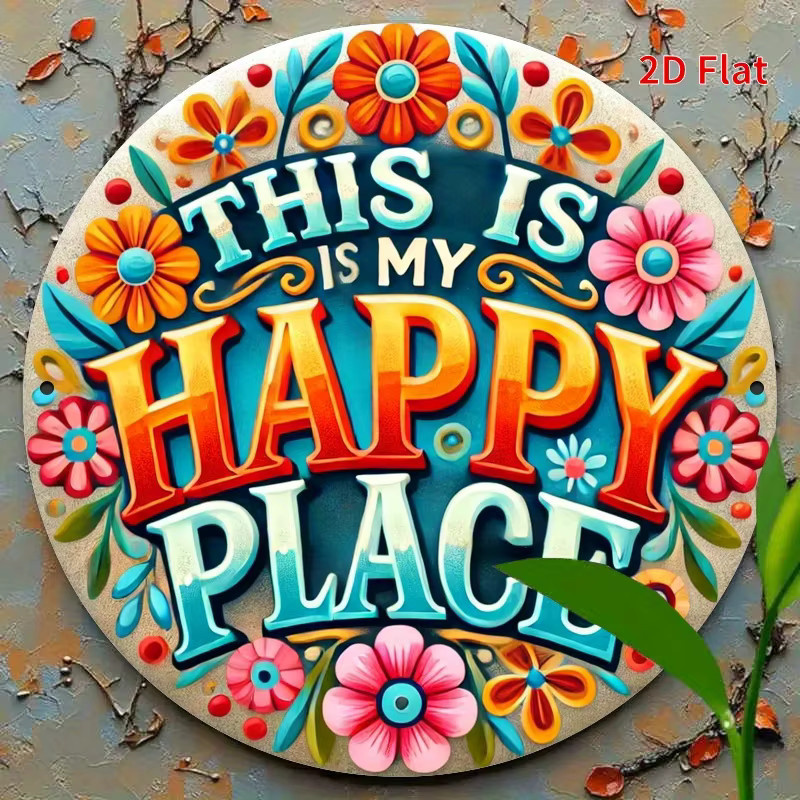 Rundes Metall-Wandkunstschild Potdemiel This Is My Happy Place mit floralem Design und Typografie in Multicolour, Durchmesser: 20 cm - Bild 3