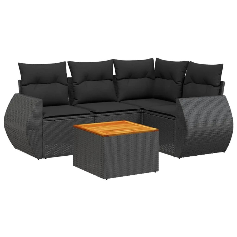 vidaXL 5-teilige Garten-Sofagarnitur aus Poly-Rattan und Akazienholz in Schwarz mit Kissen - Bild 2