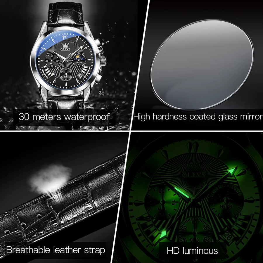 OLEVS Armbanduhr, Quarz, Chronograph, Leder, Silber, Herren - Bild 5