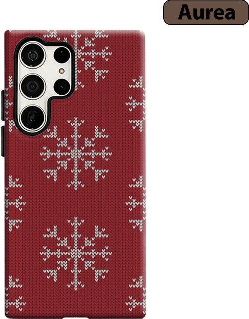 Stoßfeste Doppelschicht Handyhülle mit rotem Strick-Schneeflockenmuster für Samsung Galaxy S25 Ultra, S24 und S23 Ultra Plus - Bild 1
