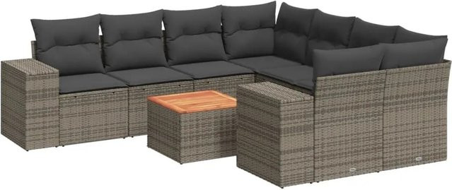 vidaXL 9-teilige Garten-Sofagarnitur aus Poly-Rattan in Grau mit Kissen und Akazienholz - Bild 1