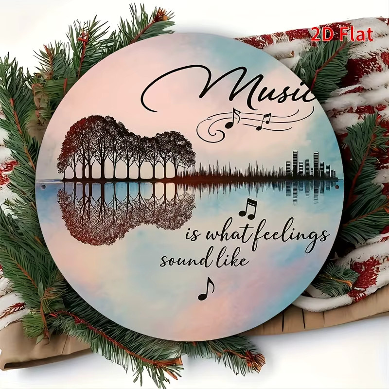 Rundes Aluminiumschild Potdemiel Music Is What Feelings Sound Like in Blaugrün mit Gitarren- und Bäumendesign, Durchmesser: 19,8 cm - Bild 4