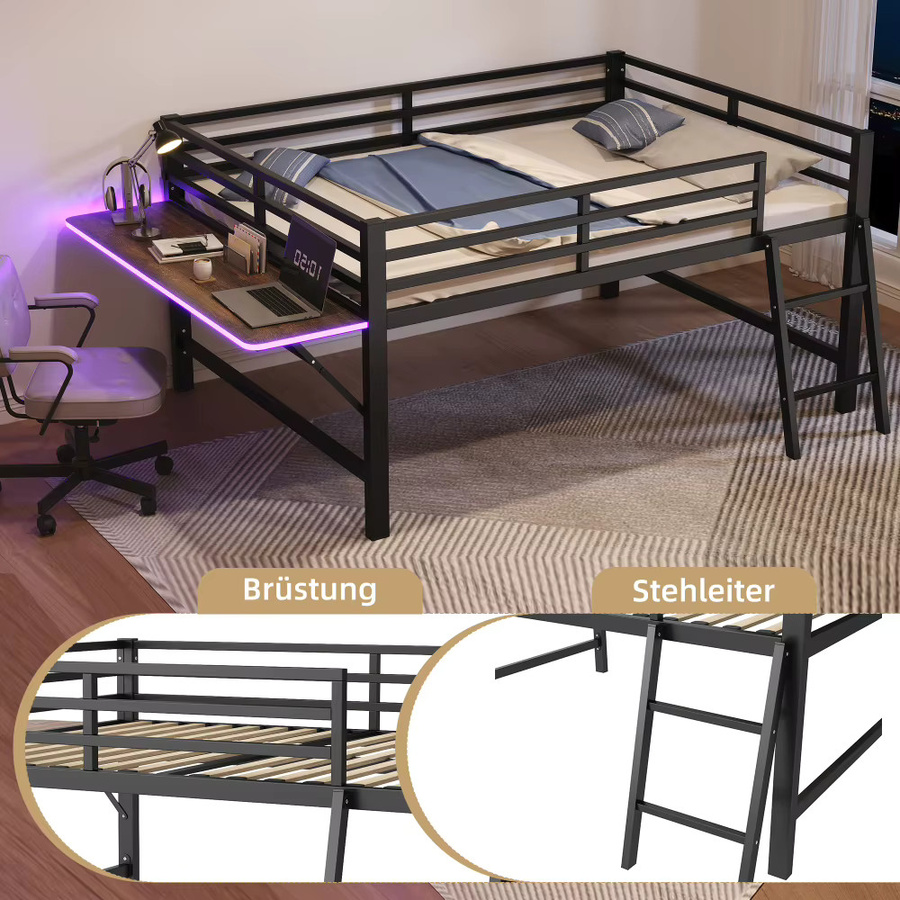 Modernes Multifunktionales Metall-Flachbett in Schwarz mit LED-Unterbettbeleuchtung, B/T: 140 x 200 cm - Bild 3