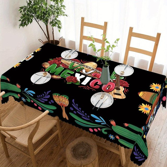 JINGYUE Pet Mexikanische Fiesta Tischdecke aus Polyester, rechteckig, wasserabweisend, schwarz, B/T/H: 100 x 160 cm - Bild 1