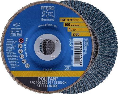 PFERD POLIFAN Fächerschleifscheibe PSF STEELOX Blau, Durchmesser: 100 mm, Bohrungs-Ø: 16 mm, Körnung: 60 - Bild 1