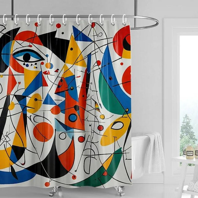 Duschvorhang mit abstraktem Pflanzenmotiv in Morandi-Farben, wasserdicht und schimmelresistent, B/H: 90 x 180 cm - Bild 1
