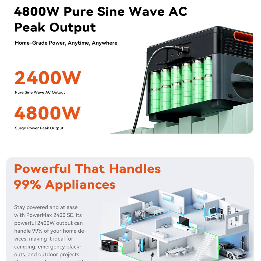 OSCAL PowerMax2400 SE Tragbare Powerstation mit 2400W und 2016Wh LiFePO4 Akku, Solar-Generator mit UPS-Funktion und WiFi-App-Steuerung - Bild 2
