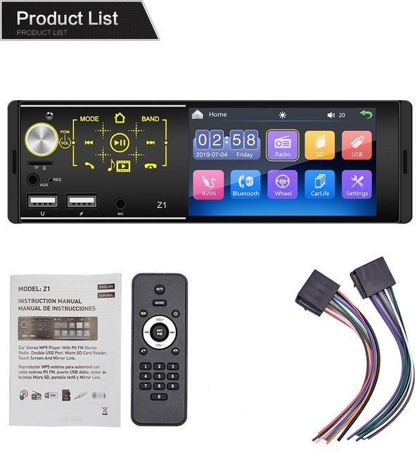 1DIN MP5 Auto Bluetooth Player mit Touchscreen, Dual USB und bunter LED-Beleuchtung in Schwarz - Bild 1