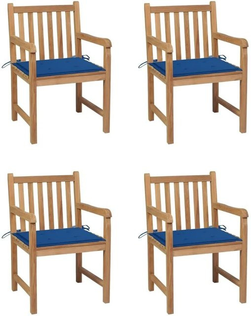 vidaXL Gartenstuhl-Set aus Teakholz mit blauen Polsterkissen, 4 Stück, braun - Bild 1