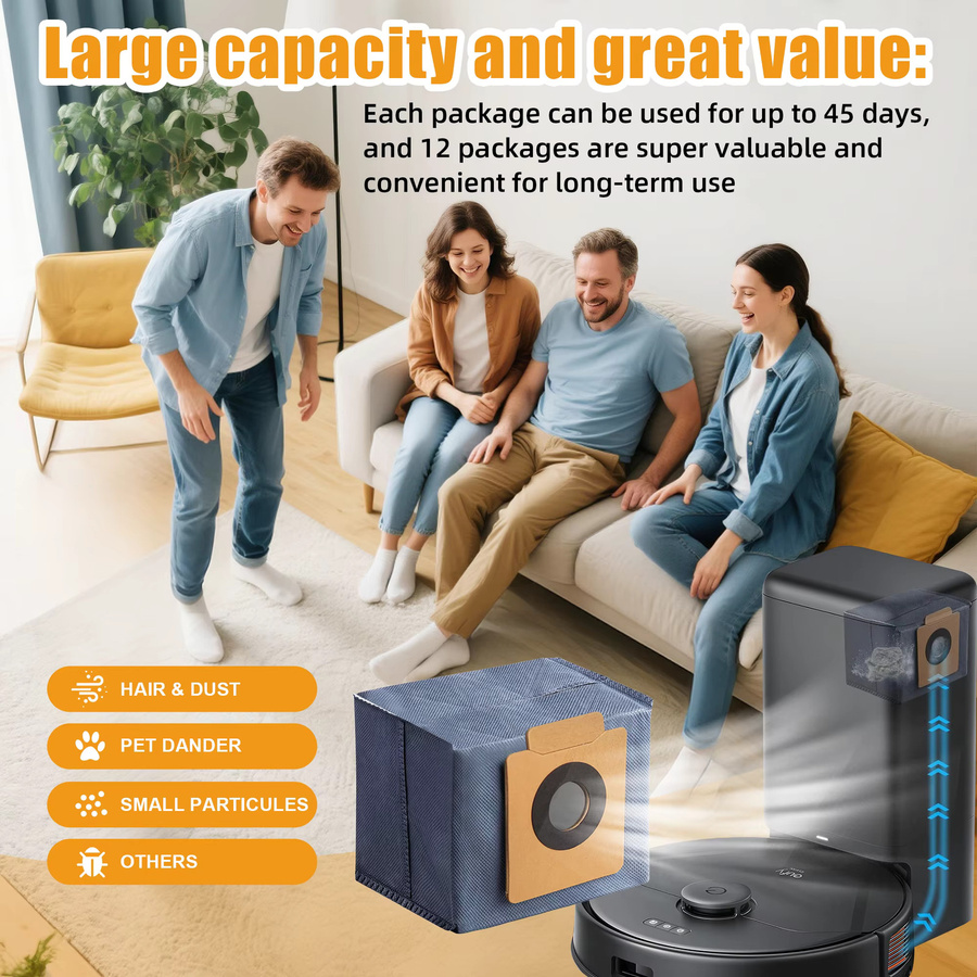 12er-Pack Heloxyo Staubbeutel für eufy X10 Pro Omni und X8 Pro Saugroboter mit selbstentleerender Station inklusive einer orangefarbenen Bürste - Bild 4