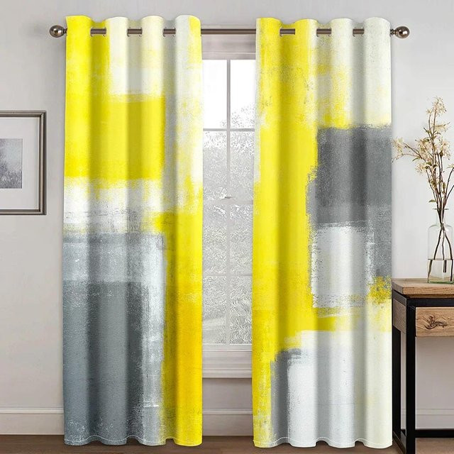 2er-Set Moderne Fenstervorhänge mit Abstraktem Geometrischem 3D-Design in Rot und Gelb, Halbtransparent, Breite: 50 cm, Höhe: 50 cm - Bild 1
