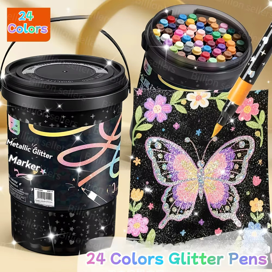 24er Glitzer-Marker-Set in Mehrfarben – Wasserbasierte Acryl-Glitzerstifte mit Pinselspitze für Kunst, Scrapbooking und Schule - Bild 2