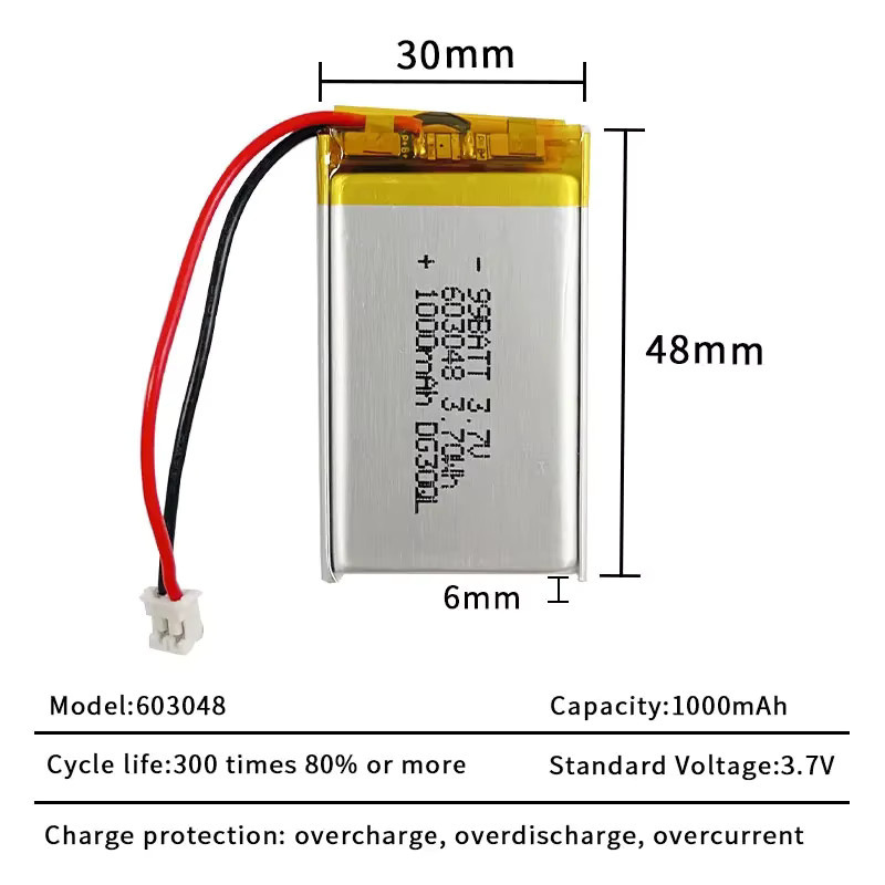 Koonenda Li-Ion Akku 3,7V 1000mAh mit JST 2,0mm 2-Pin Stecker, Silber - Bild 2
