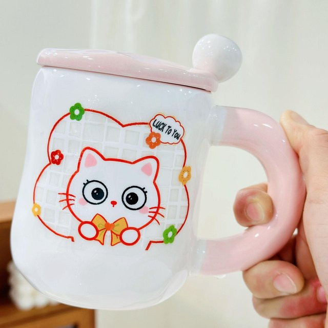 Keramiktasse mit Deckel von Yiran Furniture im niedlichen Katzen-Design, Weiß, 380 ml - Bild 1