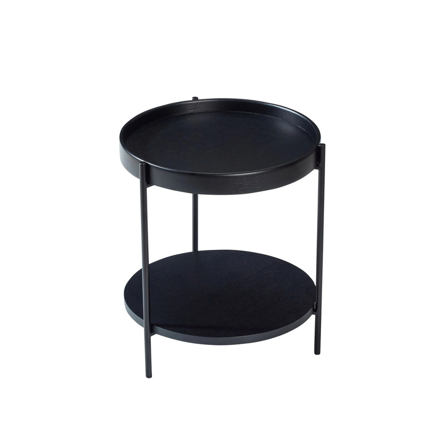okwish Couchtisch rund aus Massivholz und Metall in Schwarz, 2-stöckiger Wohnzimmertisch, B/T/H: 44 x 44 x 48 cm - Bild 2