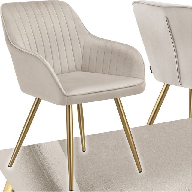 tectake Esszimmerstuhl Marilyn gepolstert in Samtoptik mit Steppmuster und goldenen Stahlbeinen, Farbe Taupe, B/T/H: 58 x 62 x 82 cm - Bild 1