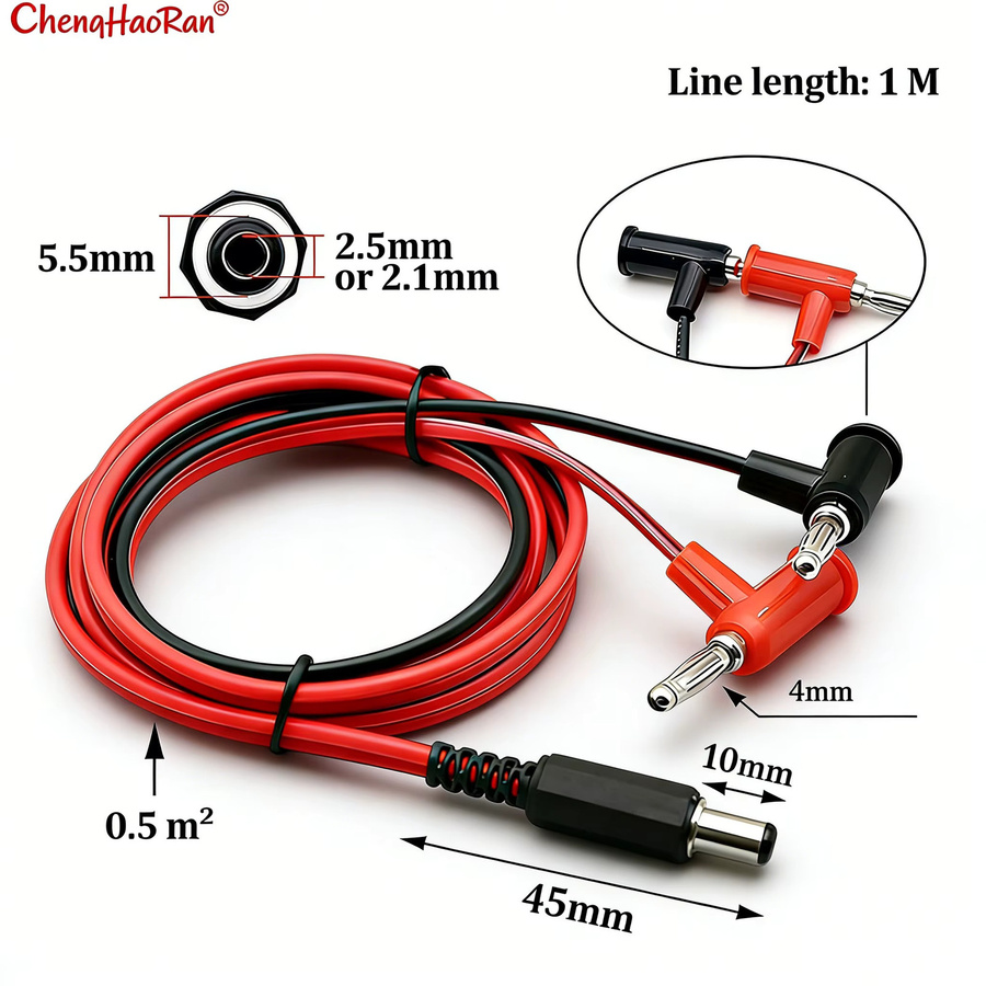 ChengHaoRan DC 2.1/2.5mm Stecker auf Bananenstecker mit Krokodilklemme Adapter Set, 90 Grad Laternenkopfkabel, Länge: 1 m, Farbe: Rot - Bild 4