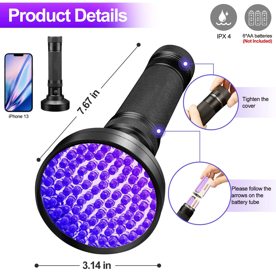 Heinast Tragbare UV-LED-Schwarzlicht-Taschenlampe in Schwarz zur Erkennung von Haustierflecken und Bettwanzen - Bild 3