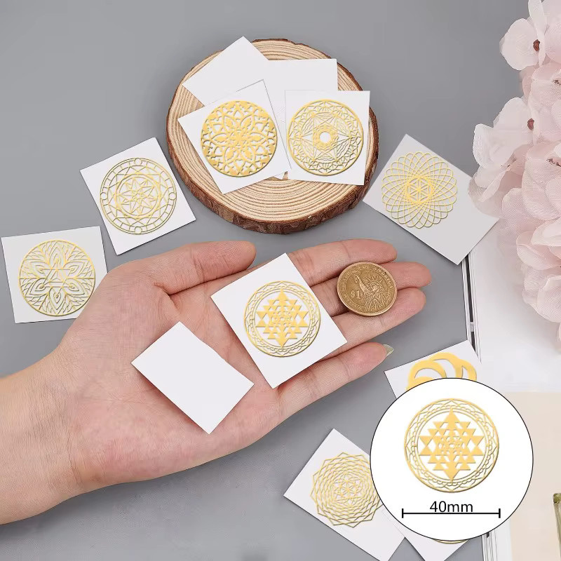 9 Stück Heilige Geometrie Aufkleber aus Gold Metall für DIY Harz Handwerk und Orgon Energietürme - Bild 2