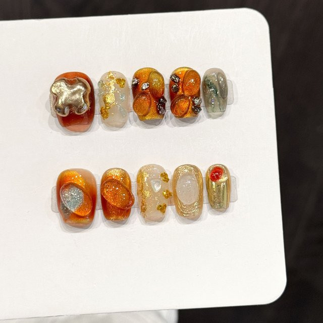 YADORNOS Künstliche Nägel, Bernstein-Orange, Goldverlauf, Glänzend, 10 Stück - Bild 1