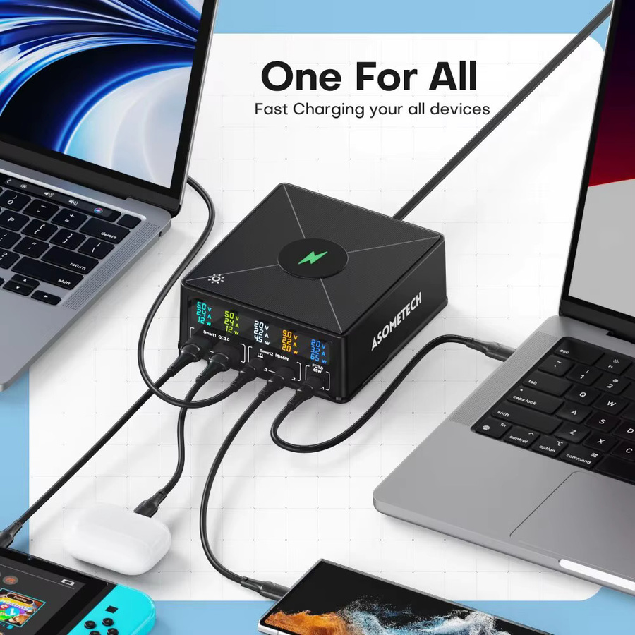 ASOMETECH 160 W USB-Ladestation in Schwarz mit GaN-Technologie, Schnellladegerät mit 100 W und 65 W PD/PPS für Laptop, Tablet und Smartphone - Bild 3