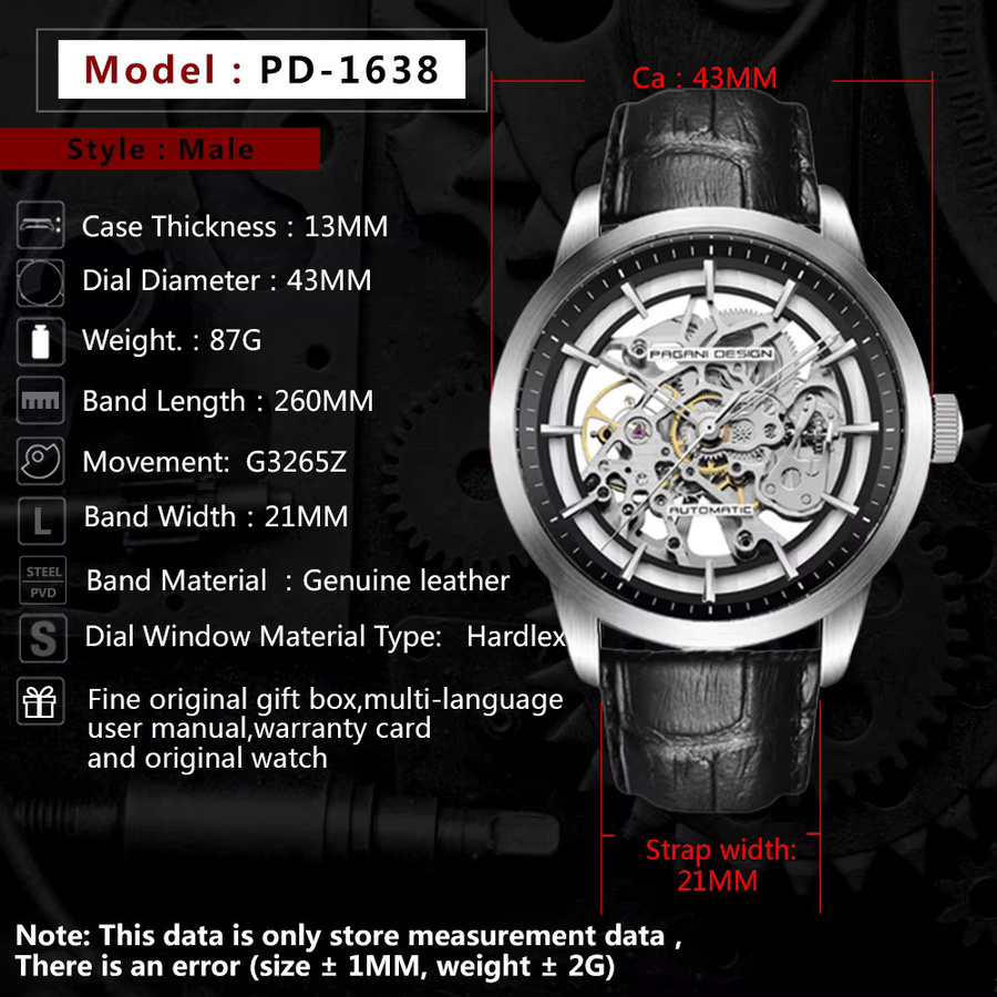 PAGANI DESIGN Armbanduhr Automatik, Edelstahl, Leder, Schwarz, Herren - Bild 5