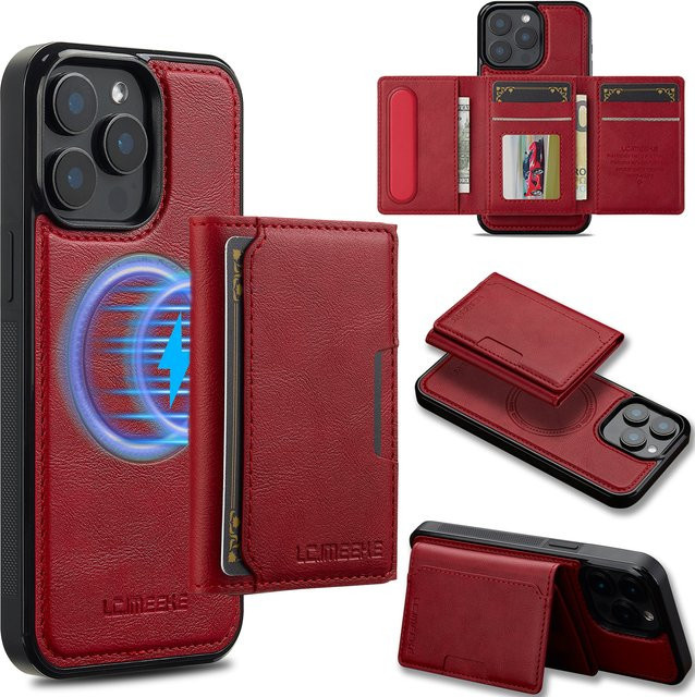Aierkeba 2-in-1 Magnetische Lederhülle mit abnehmbarer Tasche für iPhone Modelle in Schwarz und Rot - Bild 1
