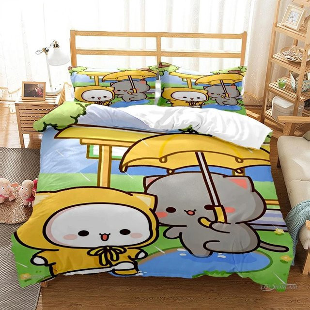 Lodestar Bubu Dudu Bettwäsche-Set mit Cartoon-Bär und Panda in Blau, 3-teiliges Kawaii-Set aus Mikrofaser bestehend aus Bettbezug und Kissenbezügen, Breite: 150 cm, Länge: 200 cm - Bild 1