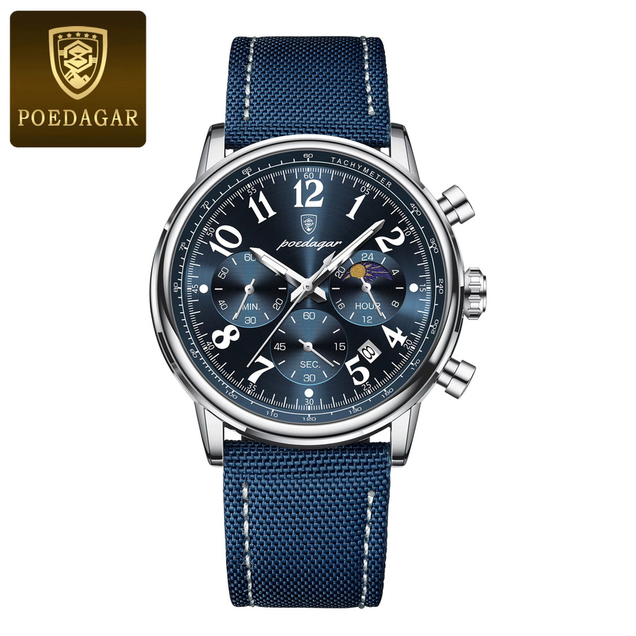 POEDAGAR Chronograph Armbanduhr, Quarz, Leder, Silver Black, Herren - Bild 7