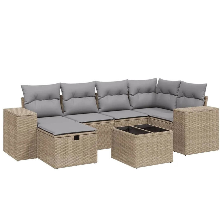 vidaXL 7-tlg. Garten-Lounge-Set in L-Form mit Polstern und Kissen, Beige, Poly-Rattan und Metallrahmen - Bild 2