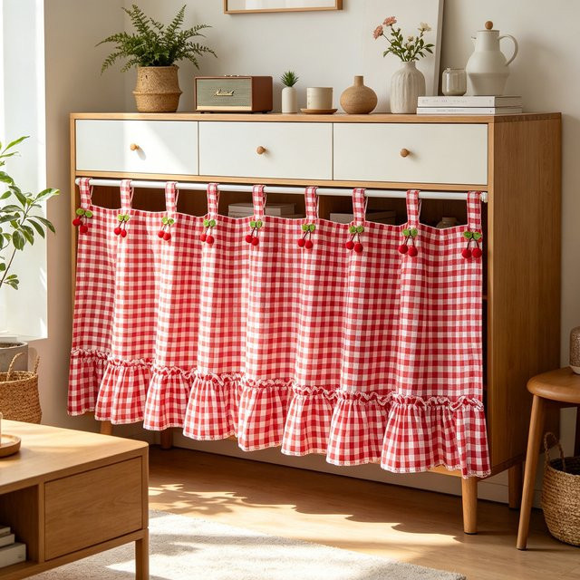 WPKIRA Kurzvorhang mit Erdbeer-Motiv in Rot-Weiß Karomuster für Küche und Schrank im Country House Stil - Bild 1