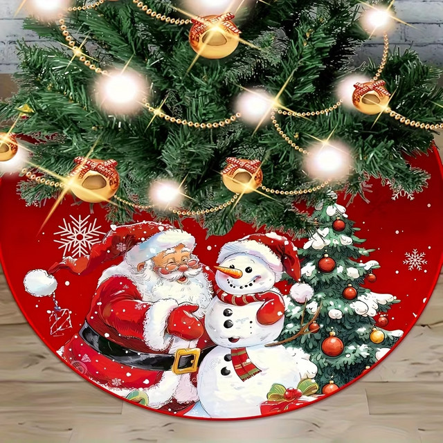 VIKAMA Weihnachtsbaumrock mit Weihnachtsmann- und Schneemannmotiven in Rot für deine festliche Dekoration - Bild 1
