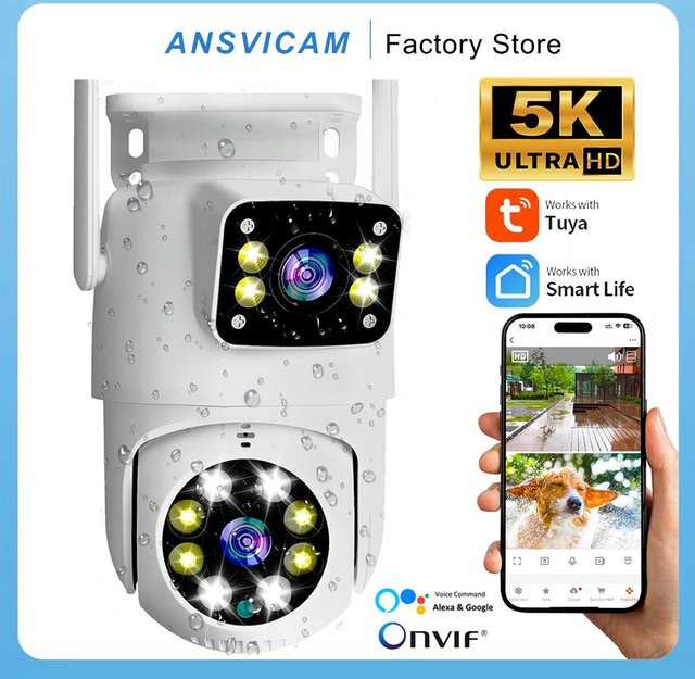 ANSVICAM 5K 10MP Tuya PTZ WLAN-Überwachungskamera für Außenbereich in Weiß mit Dual-Objektiv, Full HD und KI-gestützter automatischer Personenverfolgung - Bild 1