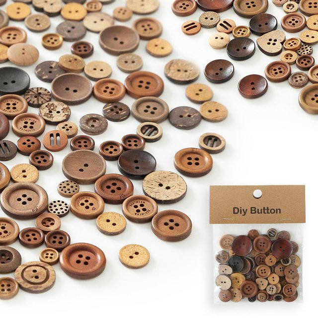 Gemischte Holz- und Kokosnussknöpfe in Braun, 100g für DIY-Basteleien, Nähen und Vintage-Dekoration - Bild 1