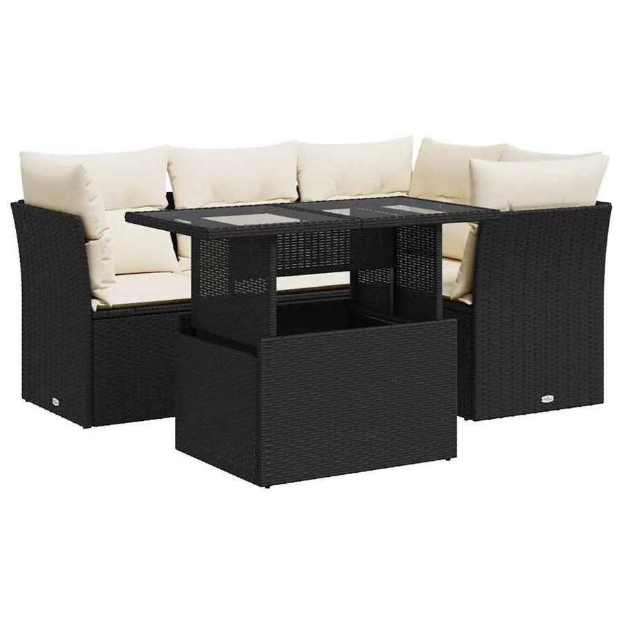 vidaXL 5-tlg Garten-Sofagarnitur in L-Form aus Poly-Rattan in Schwarz mit Kissen und Stauraum - Bild 2
