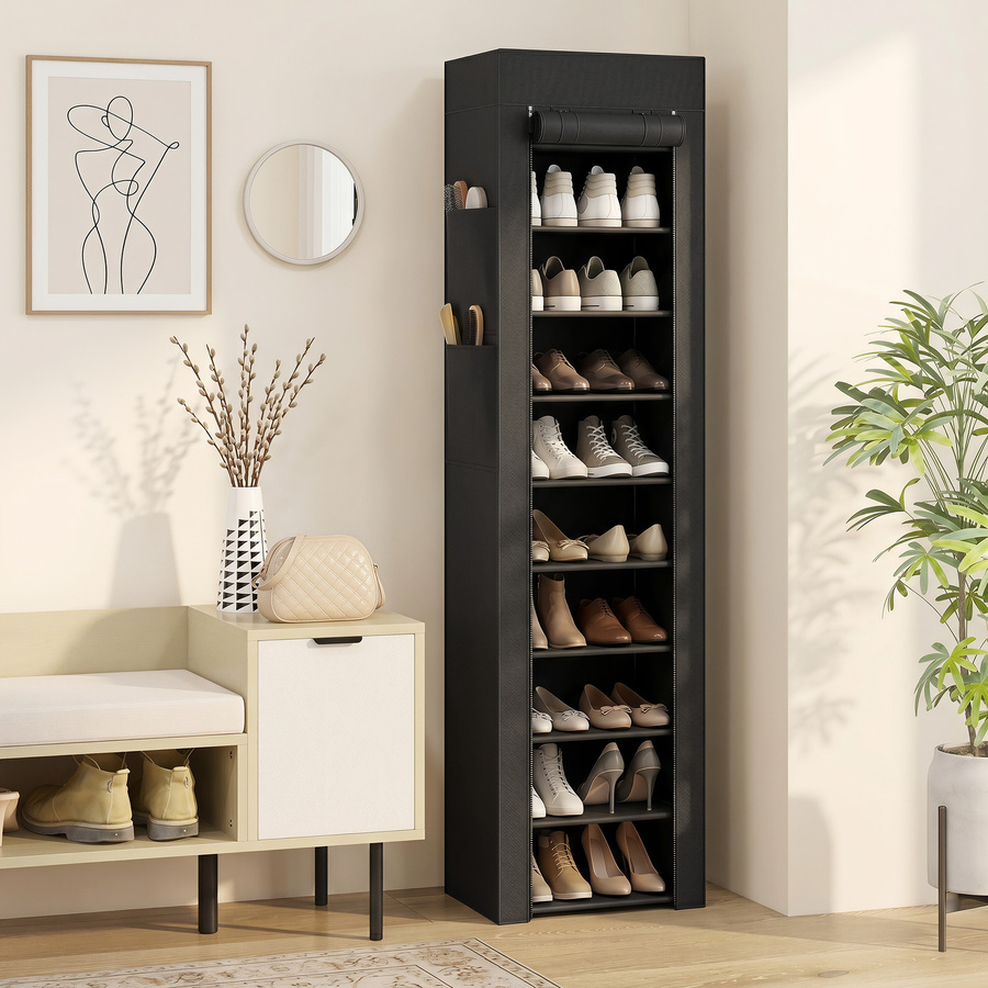 HOMCOM Schuhregal mit 10 Ebenen aus Metall und staubdichtem Stoffbezug, Schwarz, B: 45 cm, T: 30 cm, H: 175 cm - Bild 2