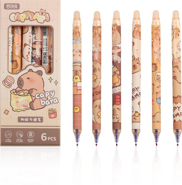 Lytwtw's Set mit 6 löschbaren Gelstiften im Kawaii-Design mit Capybara und Panda, Mehrfarbig - Bild 1