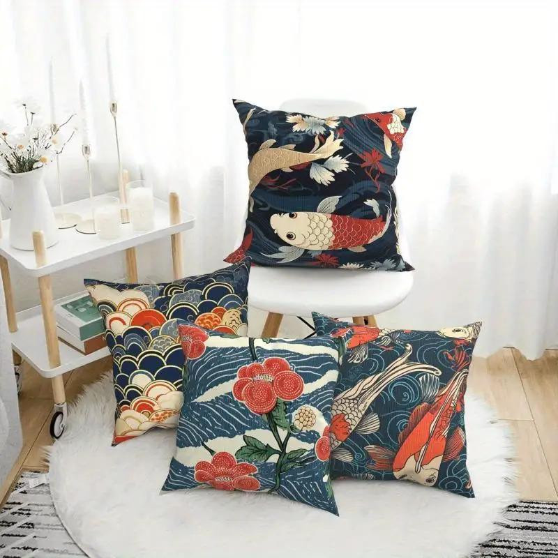Dekokissenbezug mit Koi-Fischen und floralen Mustern von Tinika Chen in Multicolor, Material: Kurzer Plüsch, B/H: 18 x 18 cm - Bild 3